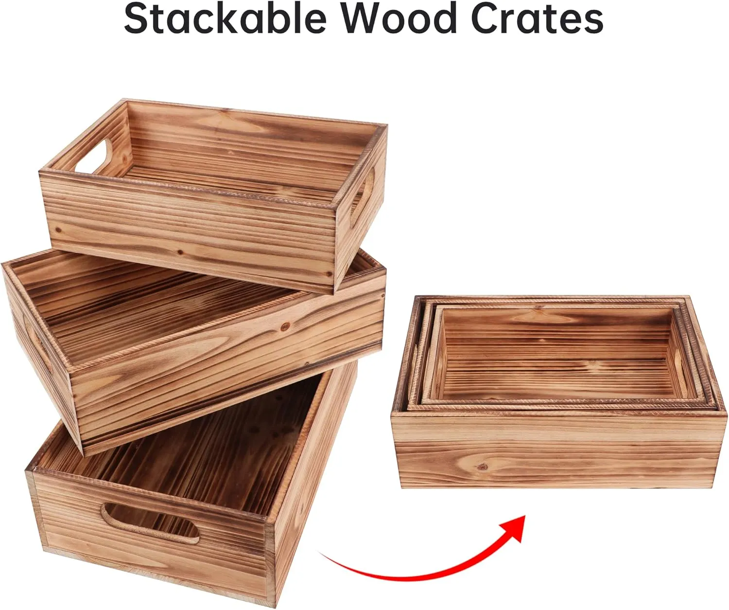 PHOENANCEE Wood Crates For Display,Rustic Crate Storage Decorative Boxes Set of 3,Wooden Nesting Box with Handles Farmhouse Container Basket Bin Home Decoration,Solid Pine,L M S
