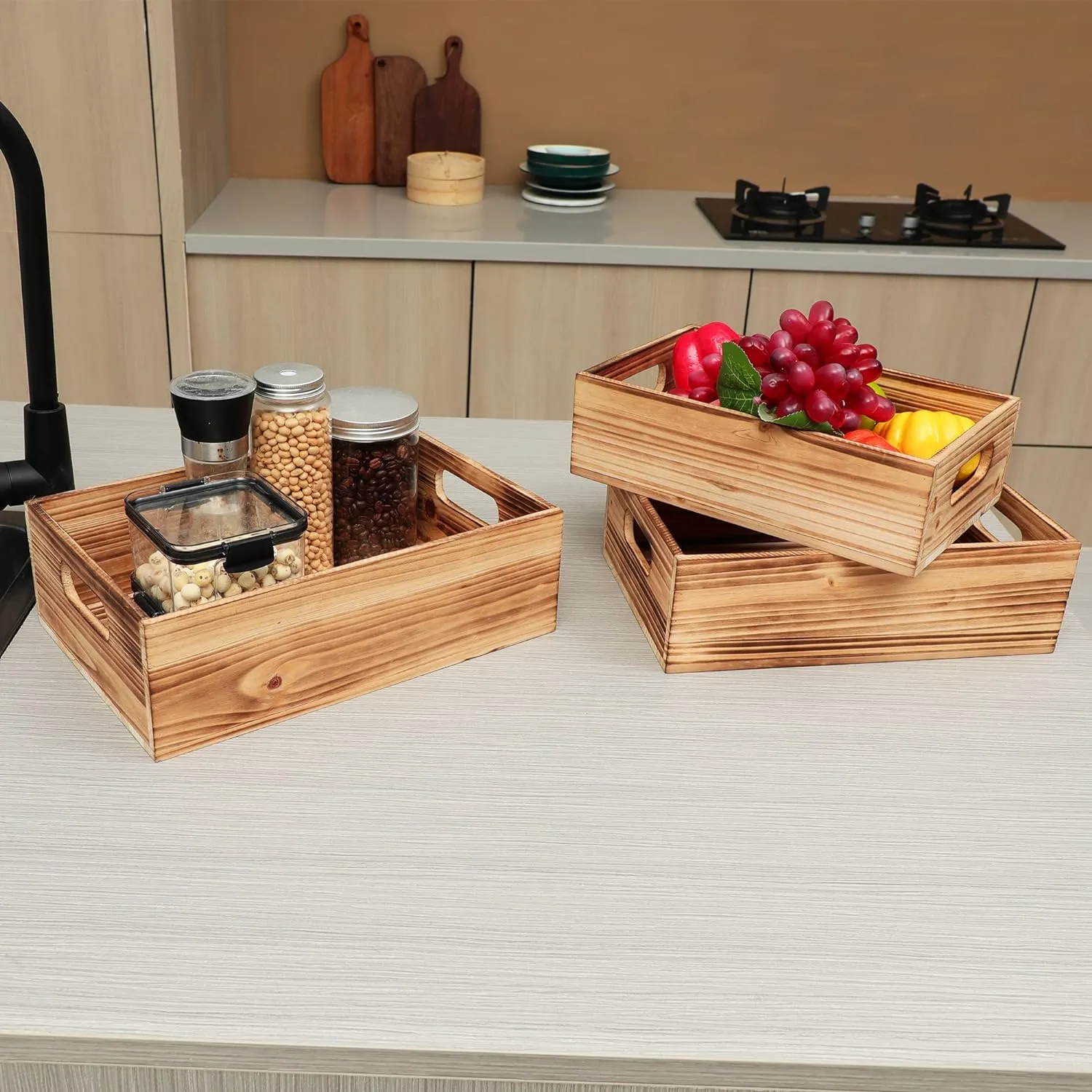 PHOENANCEE Wood Crates For Display,Rustic Crate Storage Decorative Boxes Set of 3,Wooden Nesting Box with Handles Farmhouse Container Basket Bin Home Decoration,Solid Pine,L M S