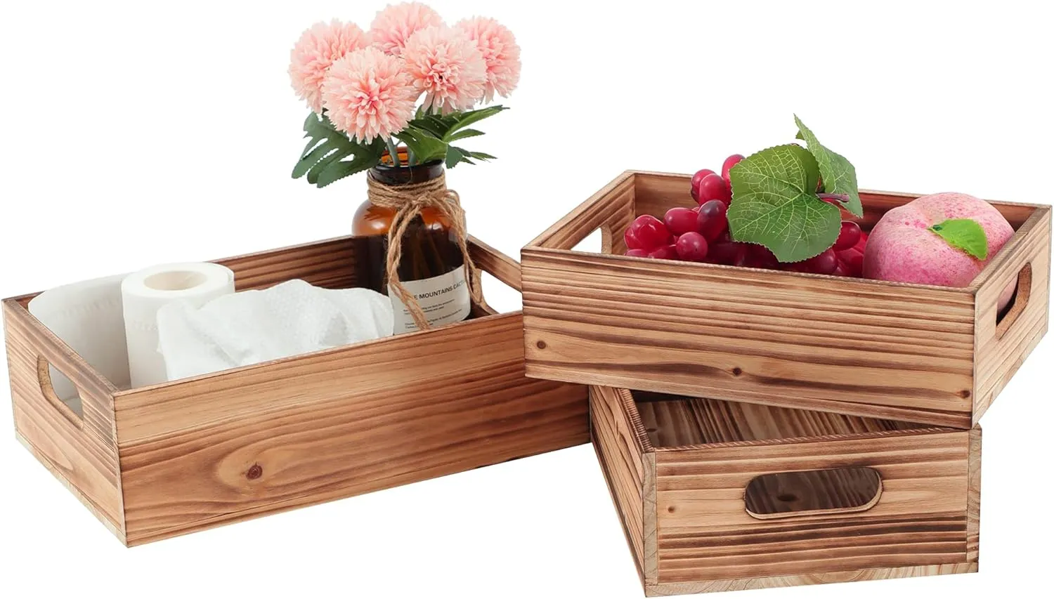 PHOENANCEE Wood Crates For Display,Rustic Crate Storage Decorative Boxes Set of 3,Wooden Nesting Box with Handles Farmhouse Container Basket Bin Home Decoration,Solid Pine,L M S