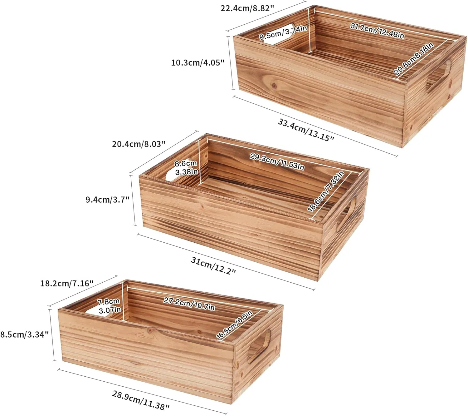PHOENANCEE Wood Crates For Display,Rustic Crate Storage Decorative Boxes Set of 3,Wooden Nesting Box with Handles Farmhouse Container Basket Bin Home Decoration,Solid Pine,L M S