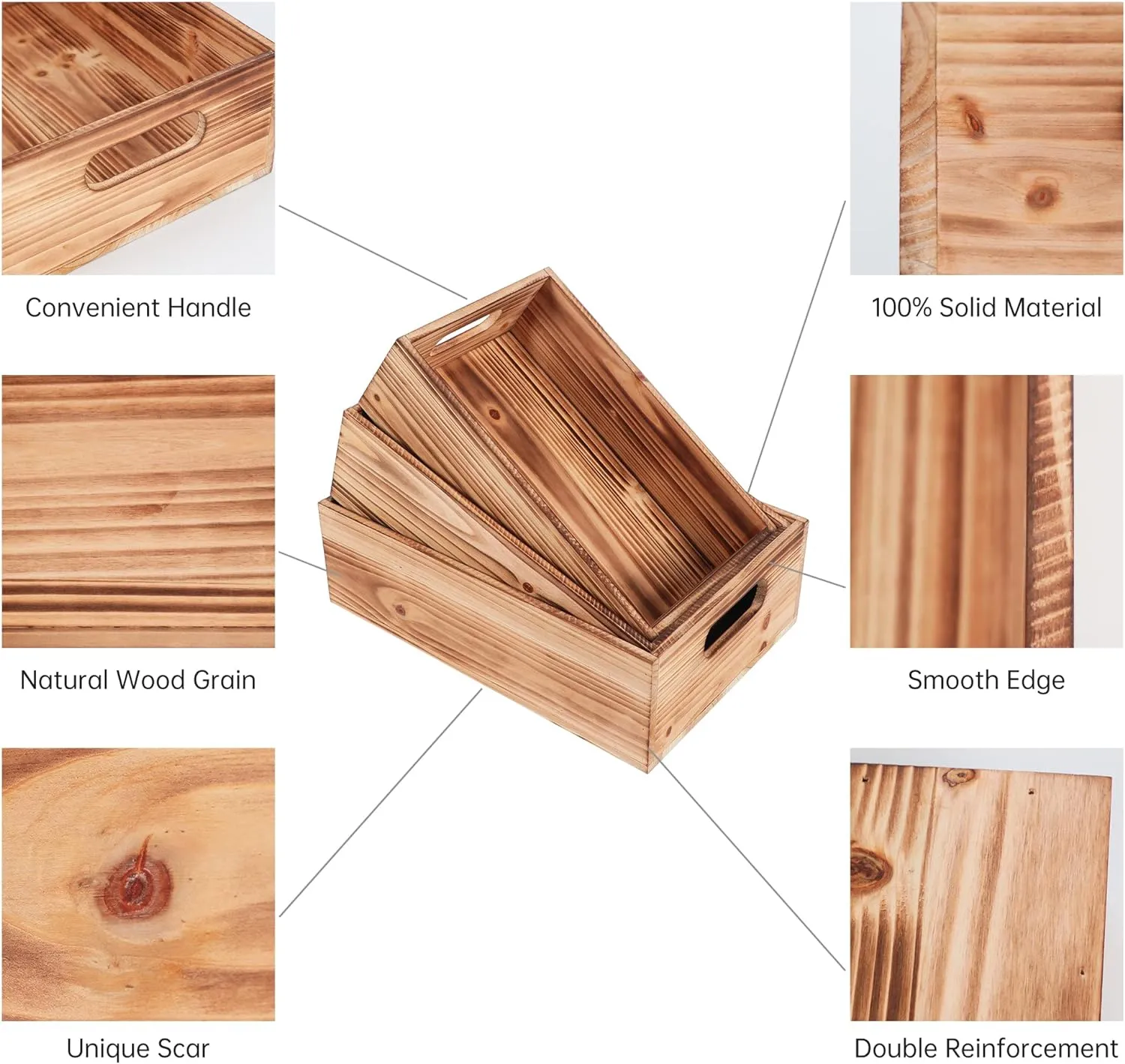 PHOENANCEE Wood Crates For Display,Rustic Crate Storage Decorative Boxes Set of 3,Wooden Nesting Box with Handles Farmhouse Container Basket Bin Home Decoration,Solid Pine,L M S