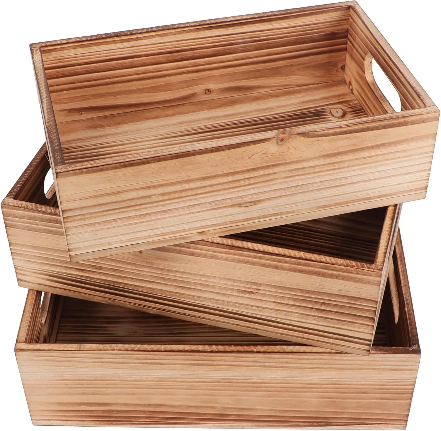 PHOENANCEE Wood Crates For Display,Rustic Crate Storage Decorative Boxes Set of 3,Wooden Nesting Box with Handles Farmhouse Container Basket Bin Home Decoration,Solid Pine,L M S