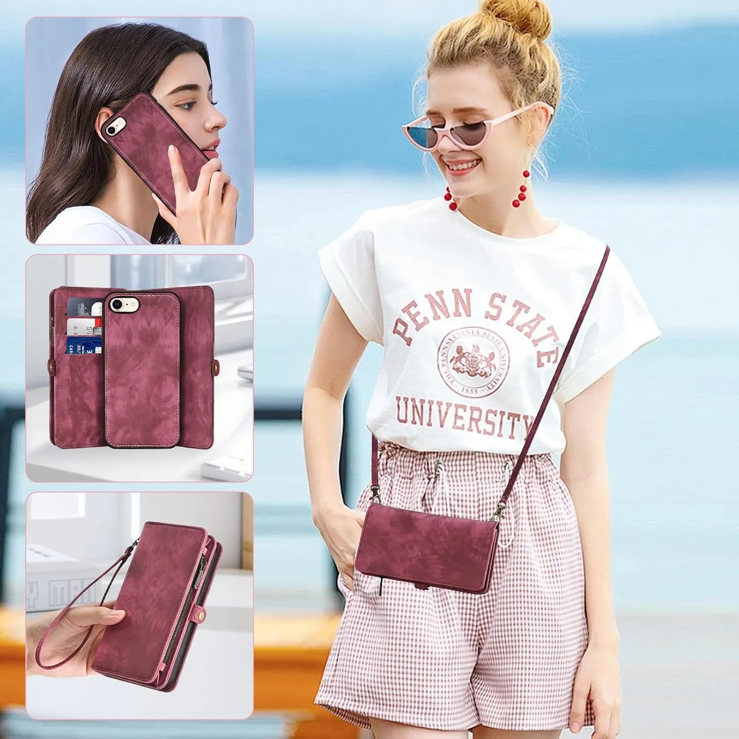 Phone Case for iPhone 7/8/SE 2020/2022 Zipper Wallet Cell Cover with Screen Protector Strap Flip Card Holder Slot iPhone7 iPhone8 7s 8s i SE2020 SE2022 2/2nd/3/3rd Generation SE2 SE3 7SE 8SE Women Red