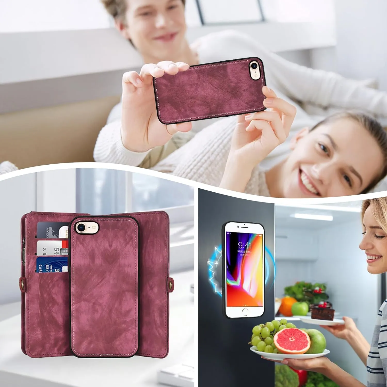 Phone Case for iPhone 7/8/SE 2020/2022 Zipper Wallet Cell Cover with Screen Protector Strap Flip Card Holder Slot iPhone7 iPhone8 7s 8s i SE2020 SE2022 2/2nd/3/3rd Generation SE2 SE3 7SE 8SE Women Red