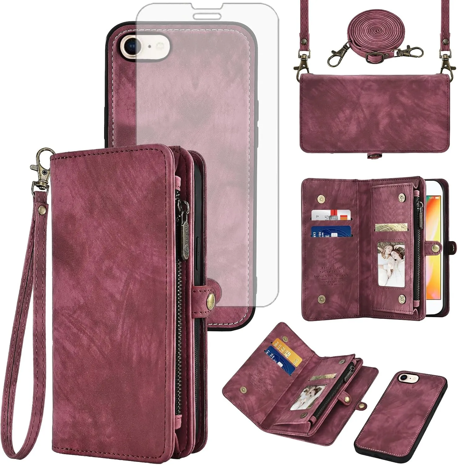 Phone Case for iPhone 7/8/SE 2020/2022 Zipper Wallet Cell Cover with Screen Protector Strap Flip Card Holder Slot iPhone7 iPhone8 7s 8s i SE2020 SE2022 2/2nd/3/3rd Generation SE2 SE3 7SE 8SE Women Red