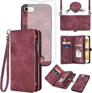 Phone Case for iPhone 7/8/SE 2020/2022 Zipper Wallet Cell Cover with Screen Protector Strap Flip Card Holder Slot iPhone7 iPhone8 7s 8s i SE2020 SE2022 2/2nd/3/3rd Generation SE2 SE3 7SE 8SE Women Red