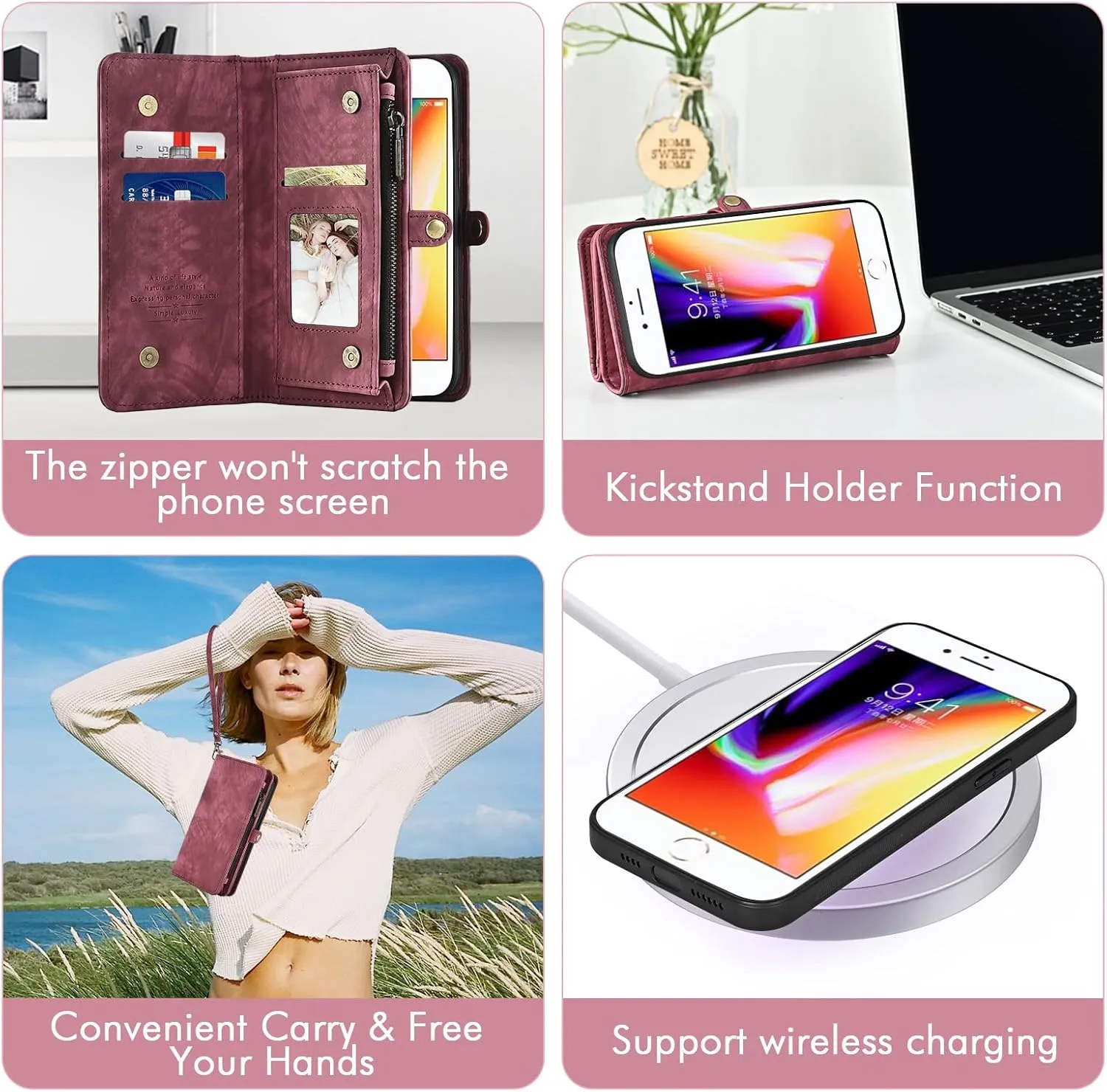 Phone Case for iPhone 7/8/SE 2020/2022 Zipper Wallet Cell Cover with Screen Protector Strap Flip Card Holder Slot iPhone7 iPhone8 7s 8s i SE2020 SE2022 2/2nd/3/3rd Generation SE2 SE3 7SE 8SE Women Red