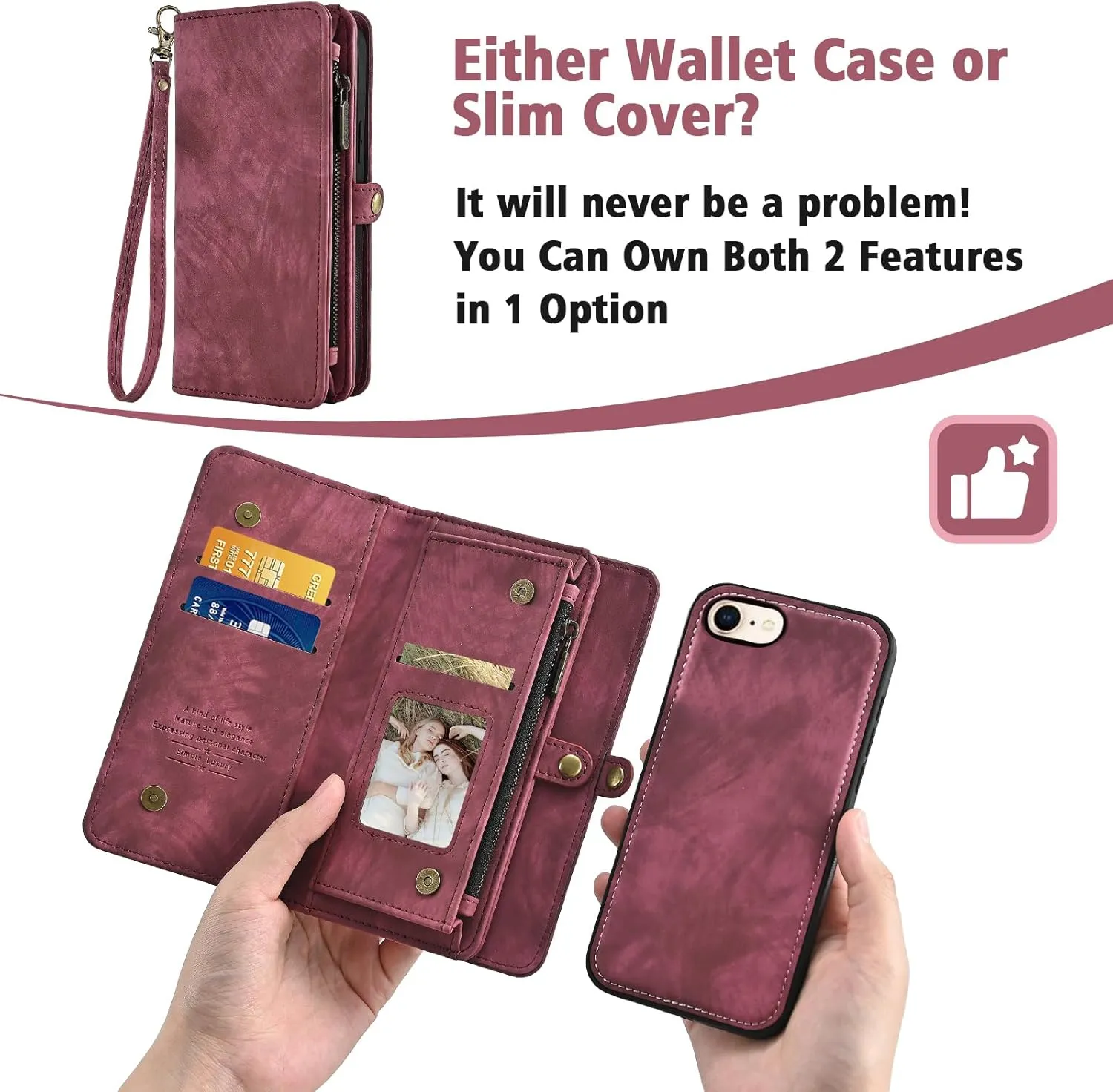 Phone Case for iPhone 7/8/SE 2020/2022 Zipper Wallet Cell Cover with Screen Protector Strap Flip Card Holder Slot iPhone7 iPhone8 7s 8s i SE2020 SE2022 2/2nd/3/3rd Generation SE2 SE3 7SE 8SE Women Red