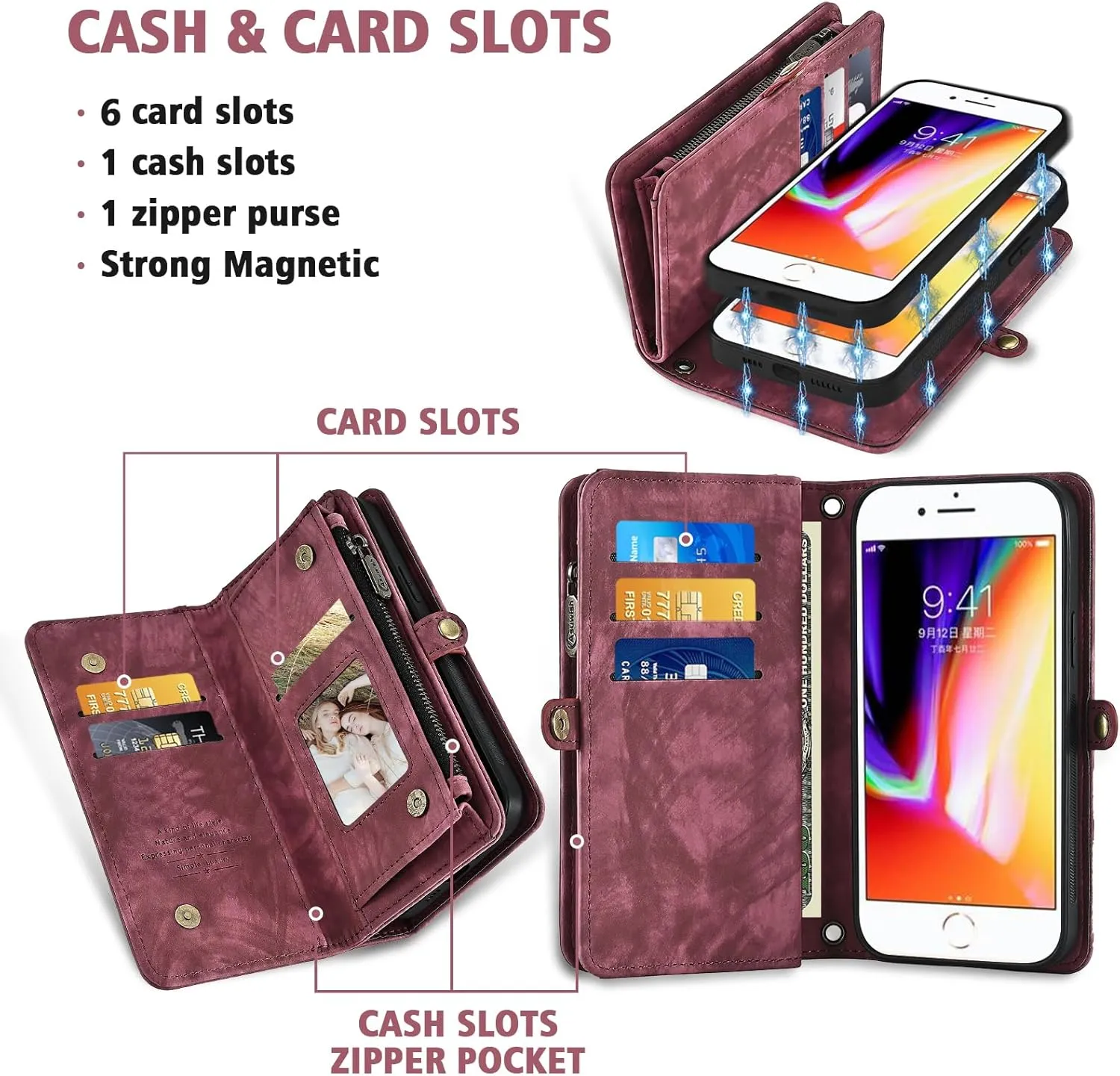 Phone Case for iPhone 7/8/SE 2020/2022 Zipper Wallet Cell Cover with Screen Protector Strap Flip Card Holder Slot iPhone7 iPhone8 7s 8s i SE2020 SE2022 2/2nd/3/3rd Generation SE2 SE3 7SE 8SE Women Red