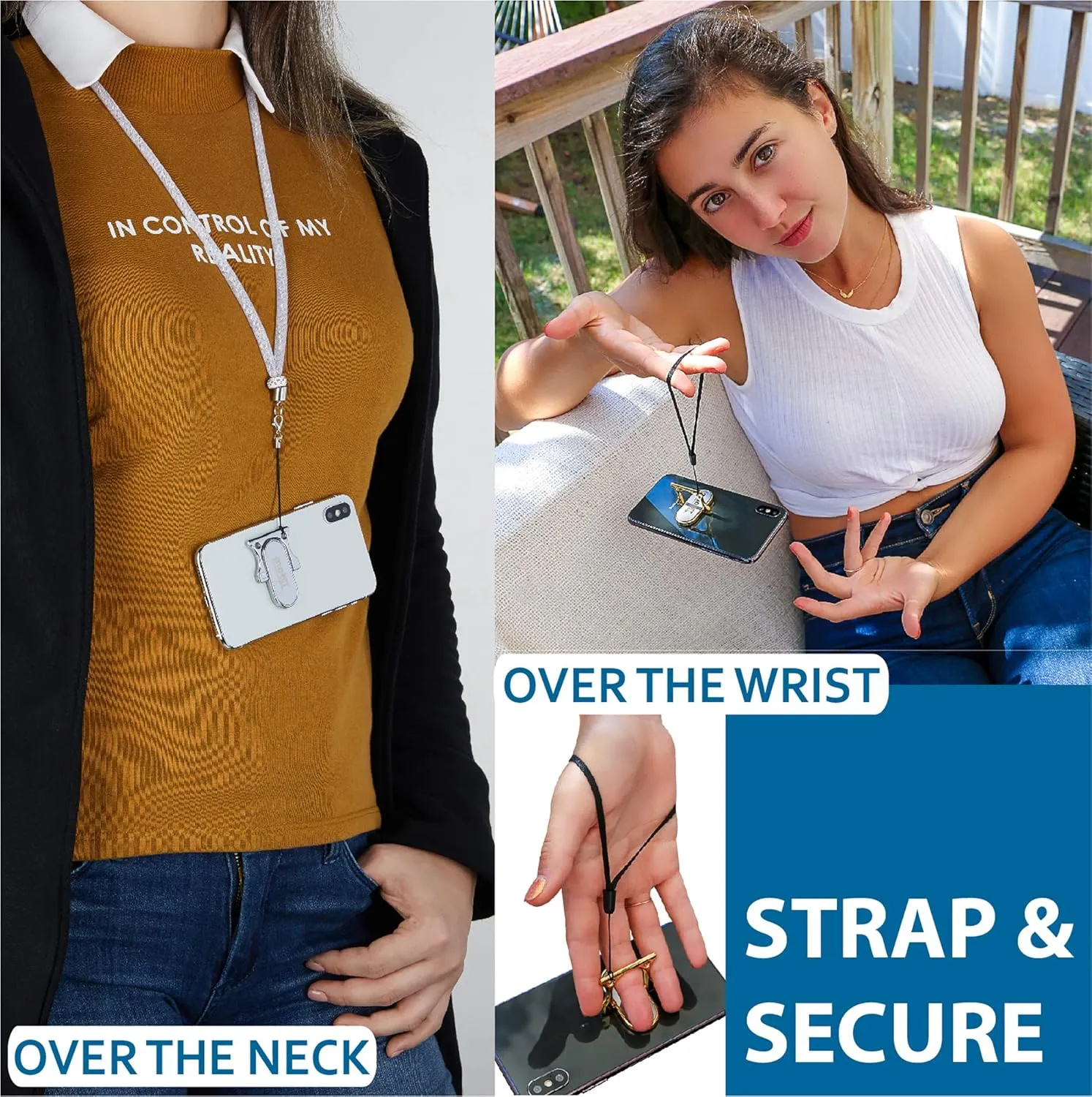 Phone Grip Holder Ring Kickstand, Unique 3-Finger Shape for Comfort and Security with Strap, Lightweight, Durable, Scratch Resistant, Compatible with All Magnetic Mounts [Gun Black]