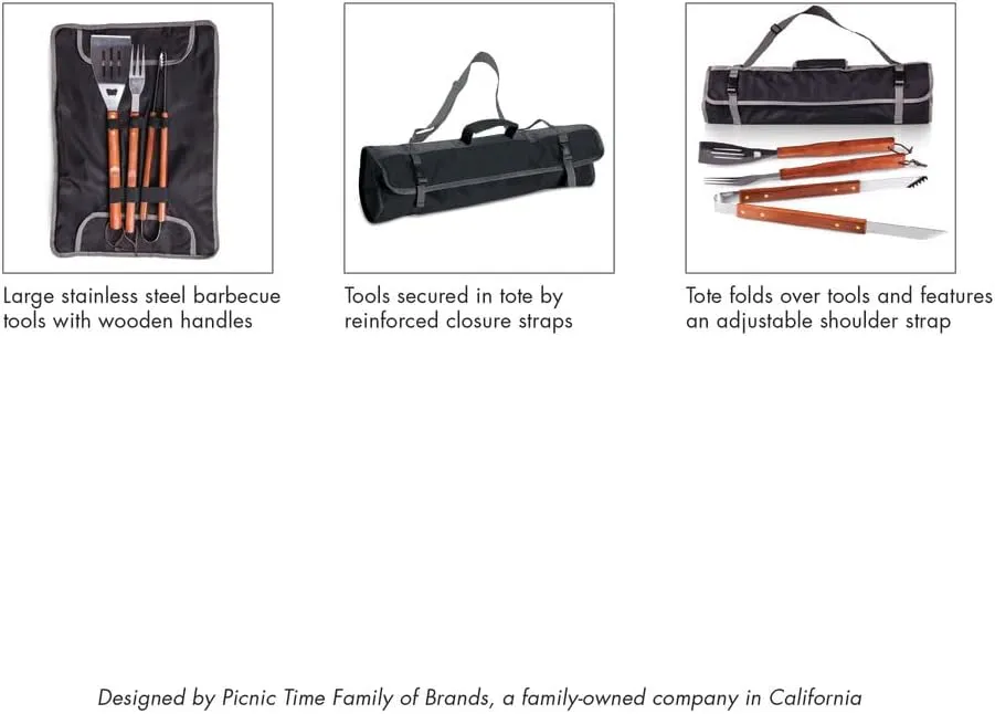 Picnic TIME NFL 3-Piece BBQ Tote & Grill Accessories Set, Outdoor Gril Set with Case, BBQ Spatula, BBQ Fork, and BBQ Tongs, (Black with Gray Accents)