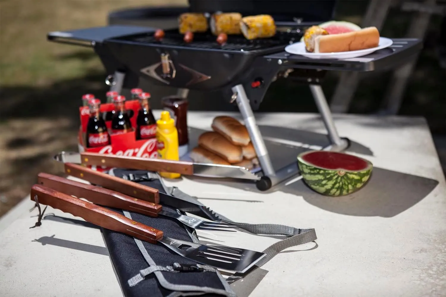 Picnic TIME NFL 3-Piece BBQ Tote & Grill Accessories Set, Outdoor Gril Set with Case, BBQ Spatula, BBQ Fork, and BBQ Tongs, (Black with Gray Accents)
