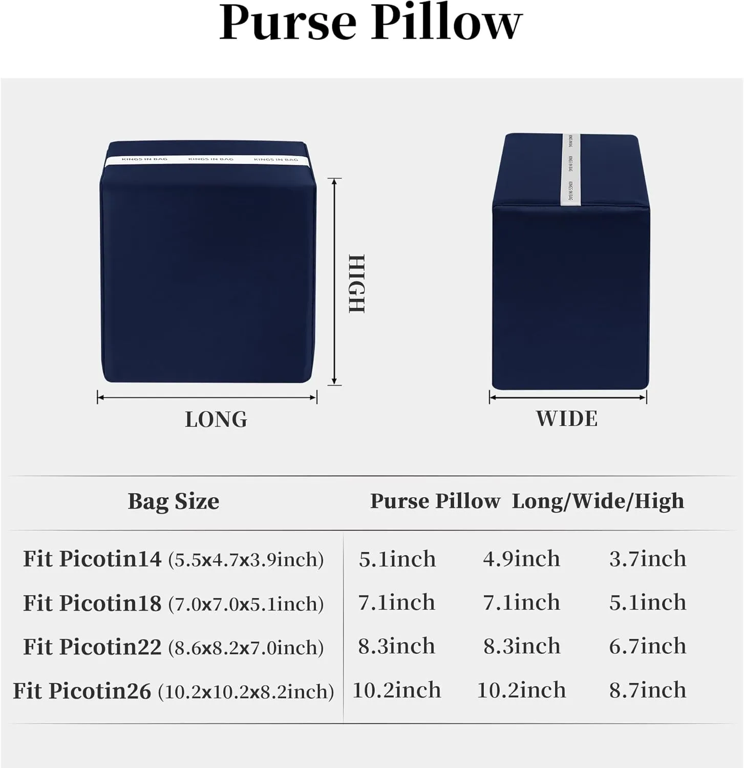 Picotin 18 Bag Pillow Insert, Purse Pillow Compatible with Hermes Picotin Bags, Lightweight Pillow Inserts to Keep Shape, Satin Surface and Soft Memory Foam Inner(Blue nuit, PC18)