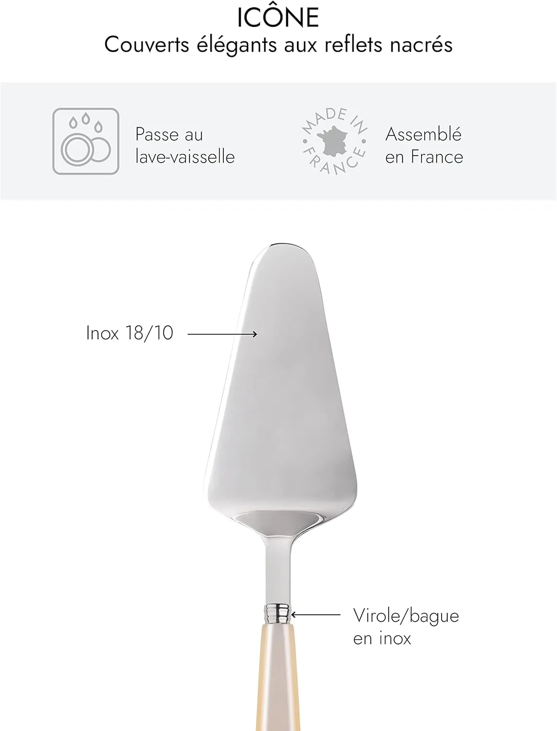 Pie Server 9.8 inches- Icône Collection - Pies & Quiches - Stainless Steel & Acrylic - Dishwasher Safe - Pearly White