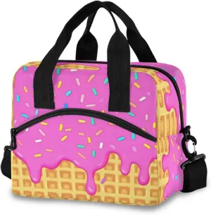 Pink Ice Cream Melting on Yellow Waffle Cone Sprinkled with Sugar Grains Lunch Box for Men Women Adults Insulated Lunch Bag Cooler Bag with Adjustable Shoulder Strap for Work Picnic Travel