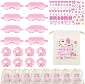 Pink Satin Eye Mask Hair Scrunchies Slumber Party Supplies Gift Bags Temporary Tattoos for Tween Girls Women Sleepover Party Favors
