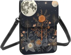 Plant moon phase flower boho vintage crossbody cell phone purse for womens lightweight small soft leather fashion travel wallet with adjustable strap