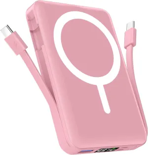 podoru for Magsafe Battery Pack, 10000mAh Magnetic Power Bank Built-in USB C Lighting Cables 22.5W PD Fast Charging LED Display Wireless Portable Charger for iPhone 16/15/14/13/12 All Series-Pink