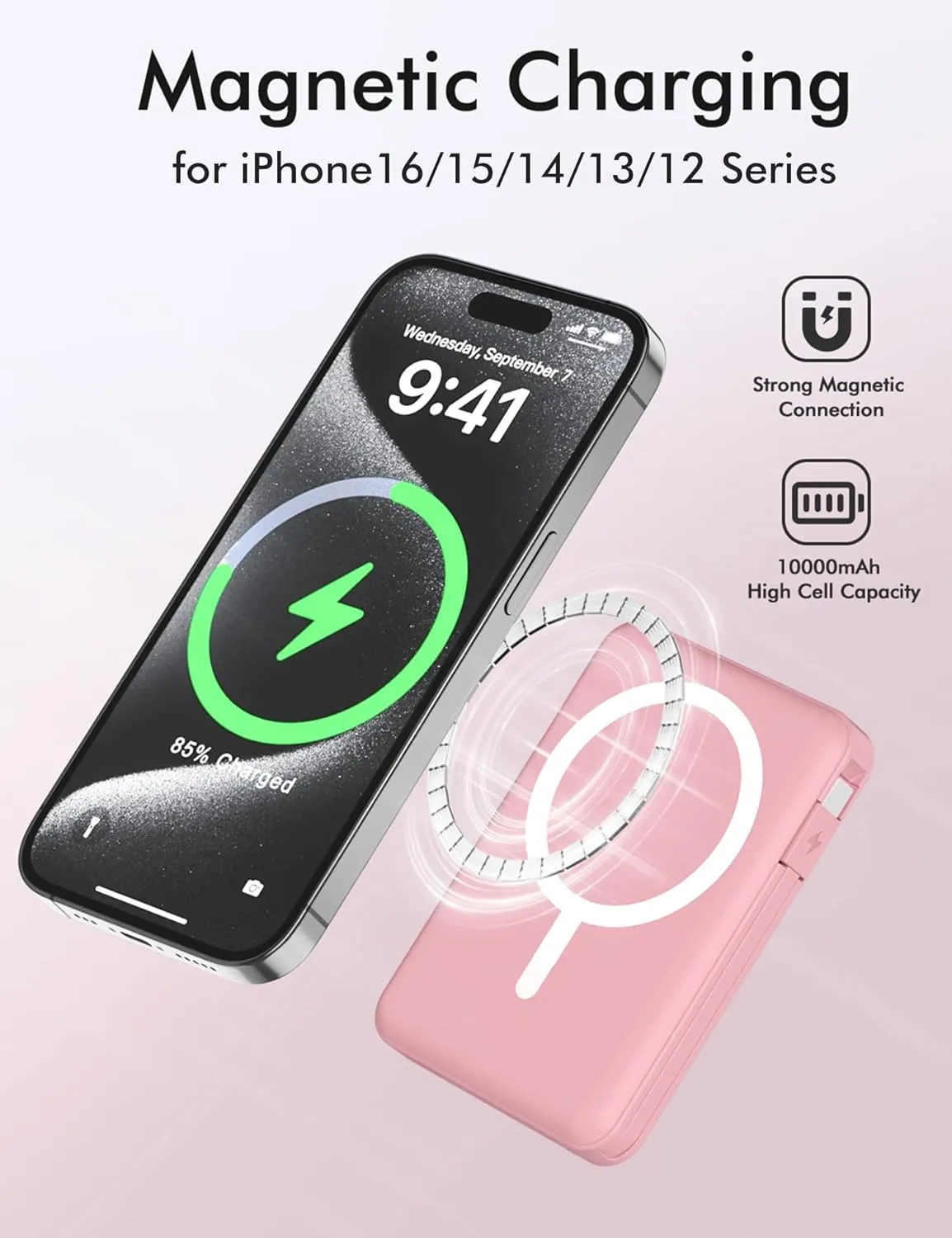 podoru for Magsafe Battery Pack, 10000mAh Magnetic Power Bank Built-in USB C Lighting Cables 22.5W PD Fast Charging LED Display Wireless Portable Charger for iPhone 16/15/14/13/12 All Series-Pink