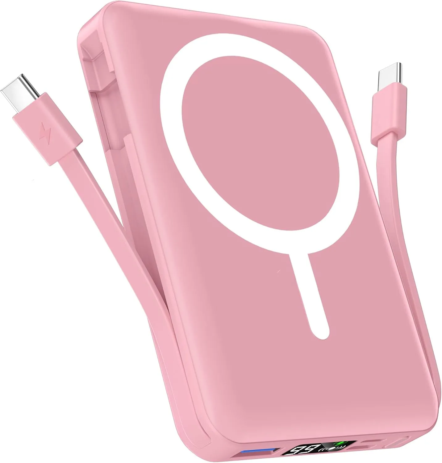 podoru for Magsafe Battery Pack, 10000mAh Magnetic Power Bank Built-in USB C Lighting Cables 22.5W PD Fast Charging LED Display Wireless Portable Charger for iPhone 16/15/14/13/12 All Series-Pink