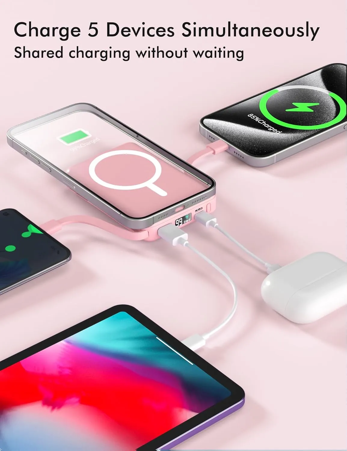 podoru for Magsafe Battery Pack, 10000mAh Magnetic Power Bank Built-in USB C Lighting Cables 22.5W PD Fast Charging LED Display Wireless Portable Charger for iPhone 16/15/14/13/12 All Series-Pink