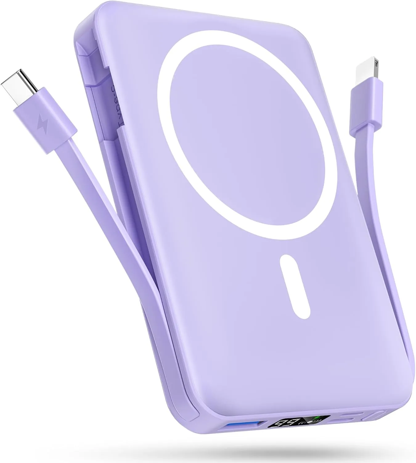 podoru for Magsafe Battery Pack, 10000mAh Magnetic Power Bank Built-in USB-C Lighting Cables 22.5W PD Fast Charging LED Display Wireless Portable Charger for iPhone 16/15/14/13/12/Pro/Pro Max-Purple