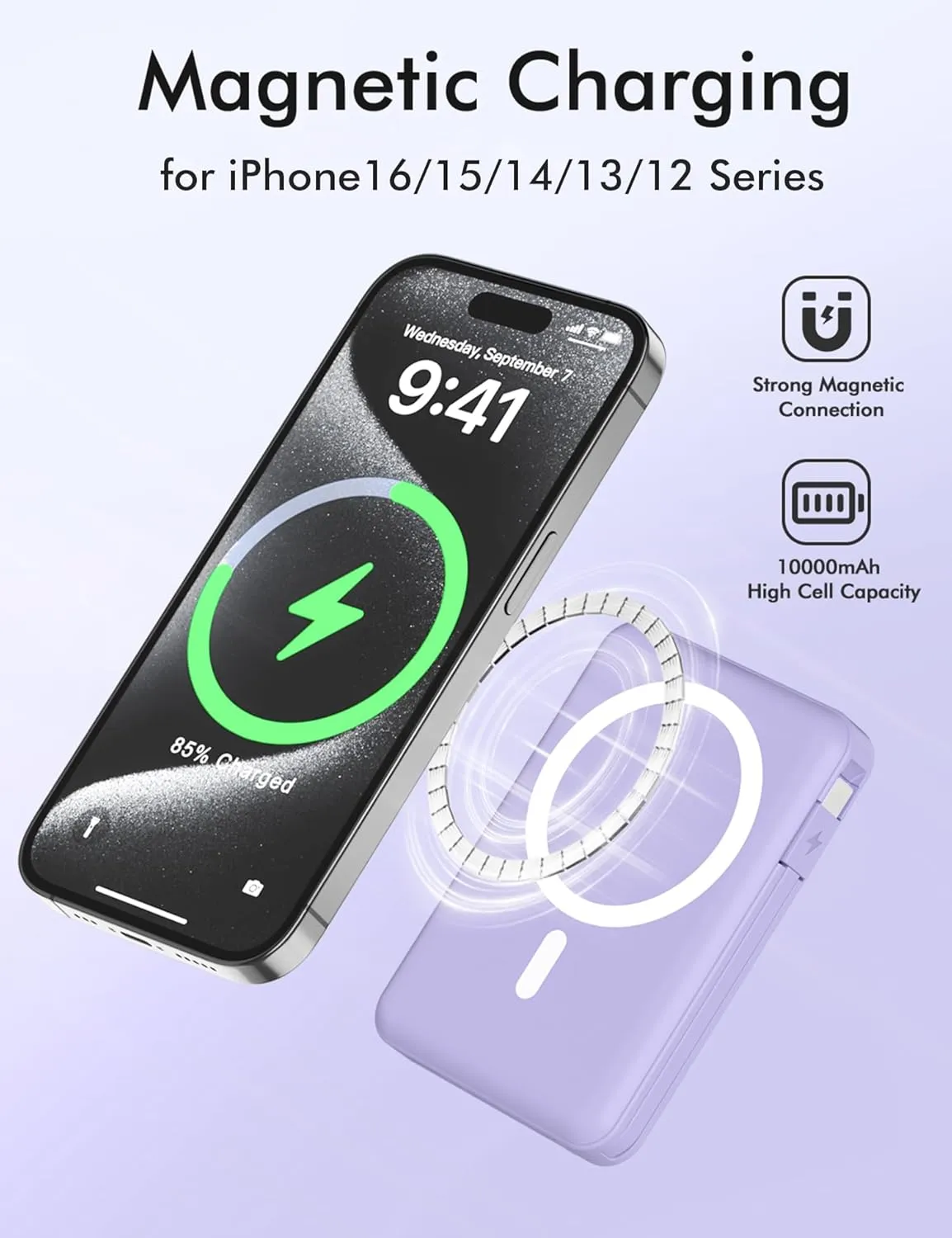 podoru for Magsafe Battery Pack, 10000mAh Magnetic Power Bank Built-in USB-C Lighting Cables 22.5W PD Fast Charging LED Display Wireless Portable Charger for iPhone 16/15/14/13/12/Pro/Pro Max-Purple