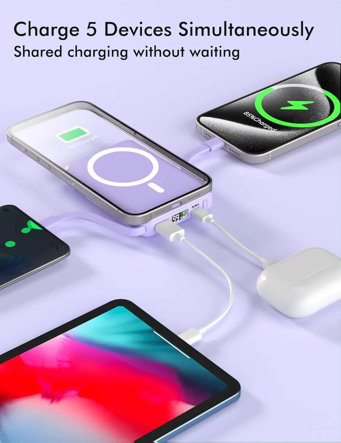 podoru for Magsafe Battery Pack, 10000mAh Magnetic Power Bank Built-in USB-C Lighting Cables 22.5W PD Fast Charging LED Display Wireless Portable Charger for iPhone 16/15/14/13/12/Pro/Pro Max-Purple
