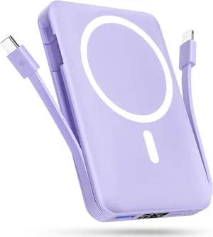 podoru for Magsafe Battery Pack, 10000mAh Magnetic Power Bank Built-in USB-C Lighting Cables 22.5W PD Fast Charging LED Display Wireless Portable Charger for iPhone 16/15/14/13/12/Pro/Pro Max-Purple