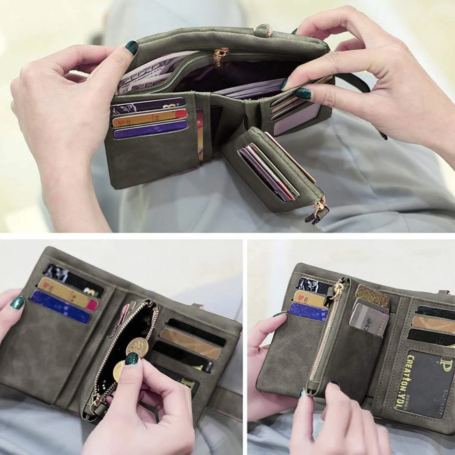 PofeeXIO Womens Small Bifold Leather Wallets RFID Ladies Wristlet with Card Slots id Window Zipper Coin Purse