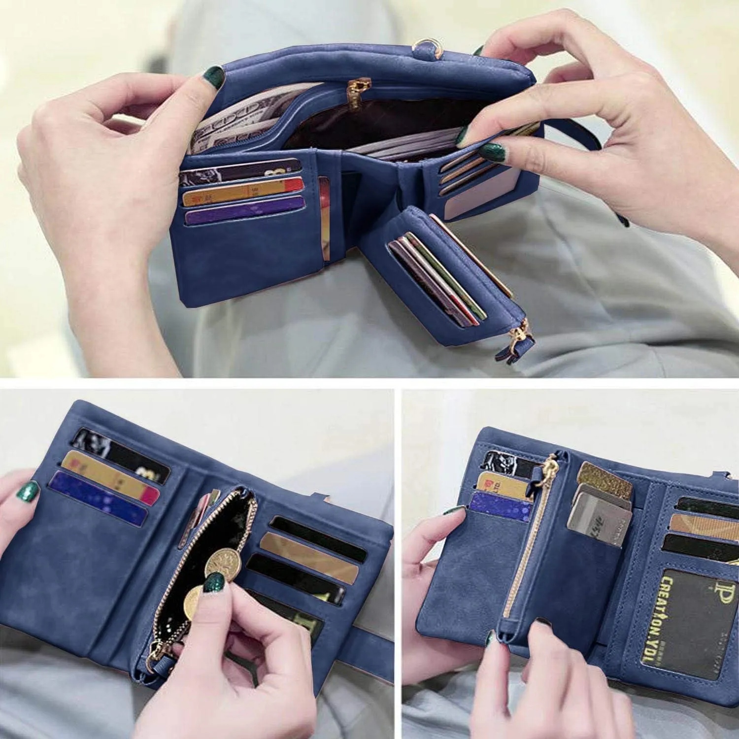 PofeeXIO Womens Small Bifold Leather Wallets RFID Ladies Wristlet with Card Slots id Window Zipper Coin Purse