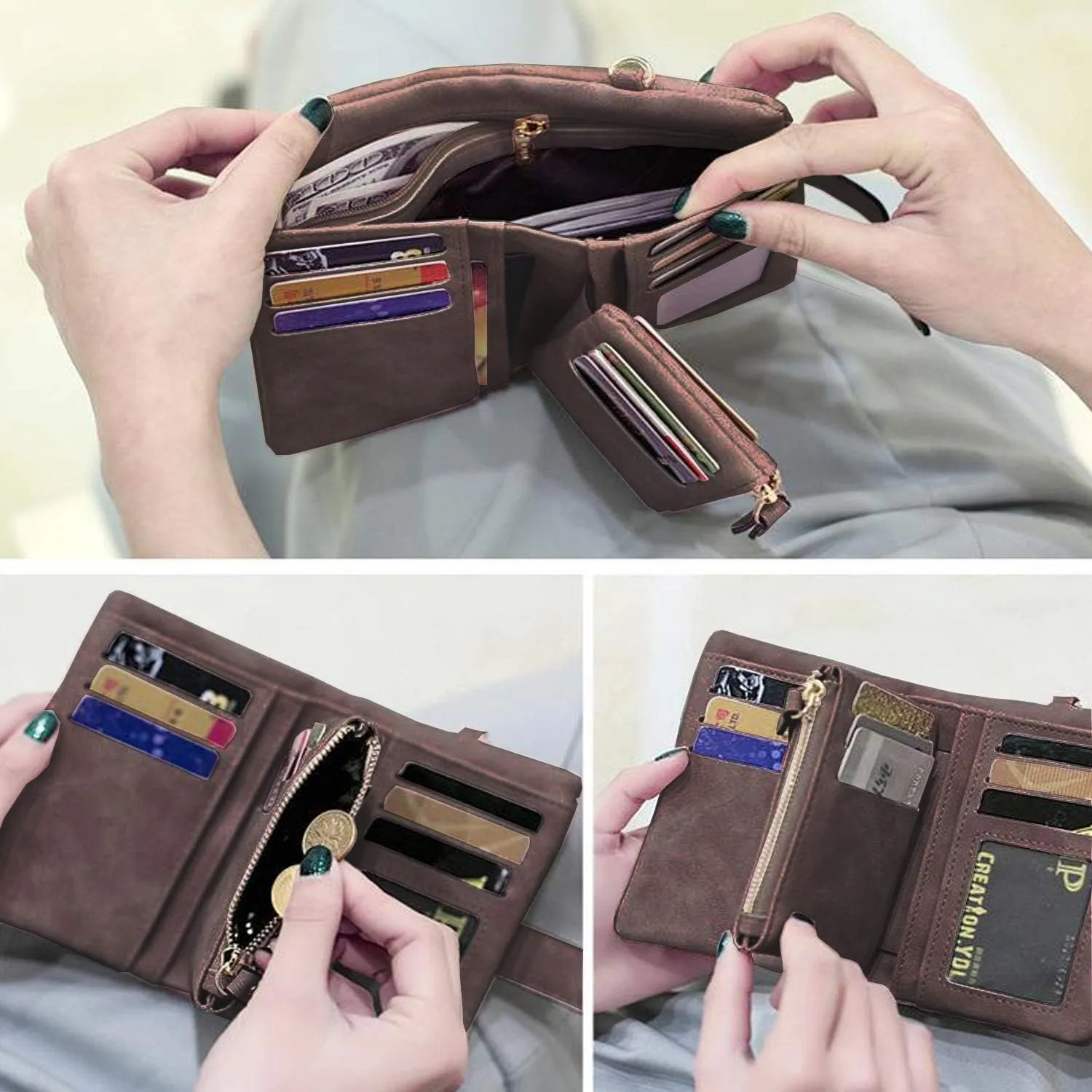 PofeeXIO Womens Small Bifold Leather Wallets RFID Ladies Wristlet with Card Slots id Window Zipper Coin Purse