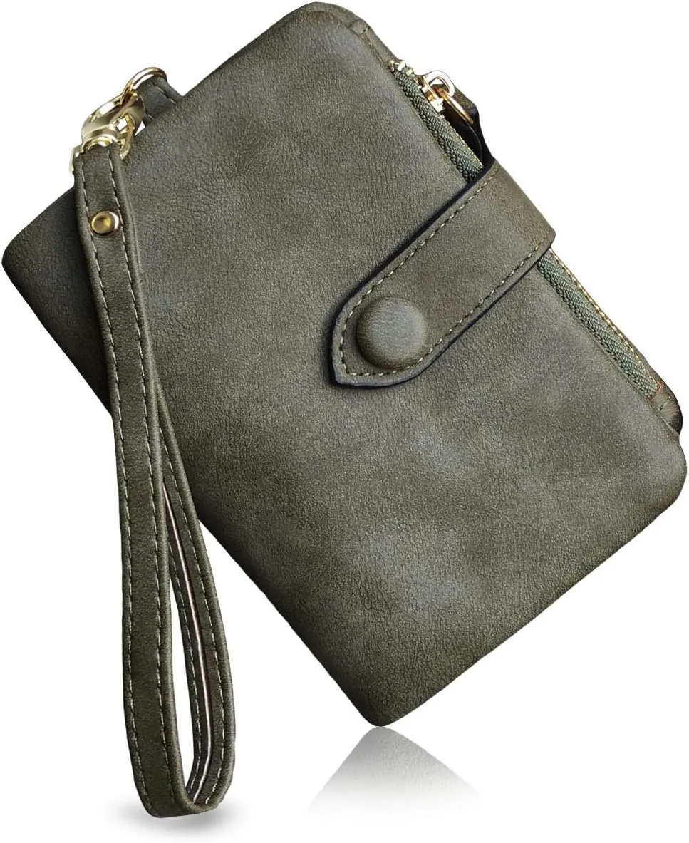 PofeeXIO Womens Small Bifold Leather Wallets RFID Ladies Wristlet with Card Slots id Window Zipper Coin Purse