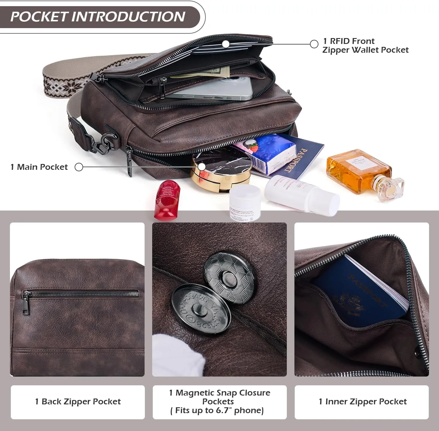 POIUGOYA Crossbody Purses for Women Trendy,Vegan Leather Medium Crossbody Bag,Women's Crossbody Travel Purse Built in Wallet