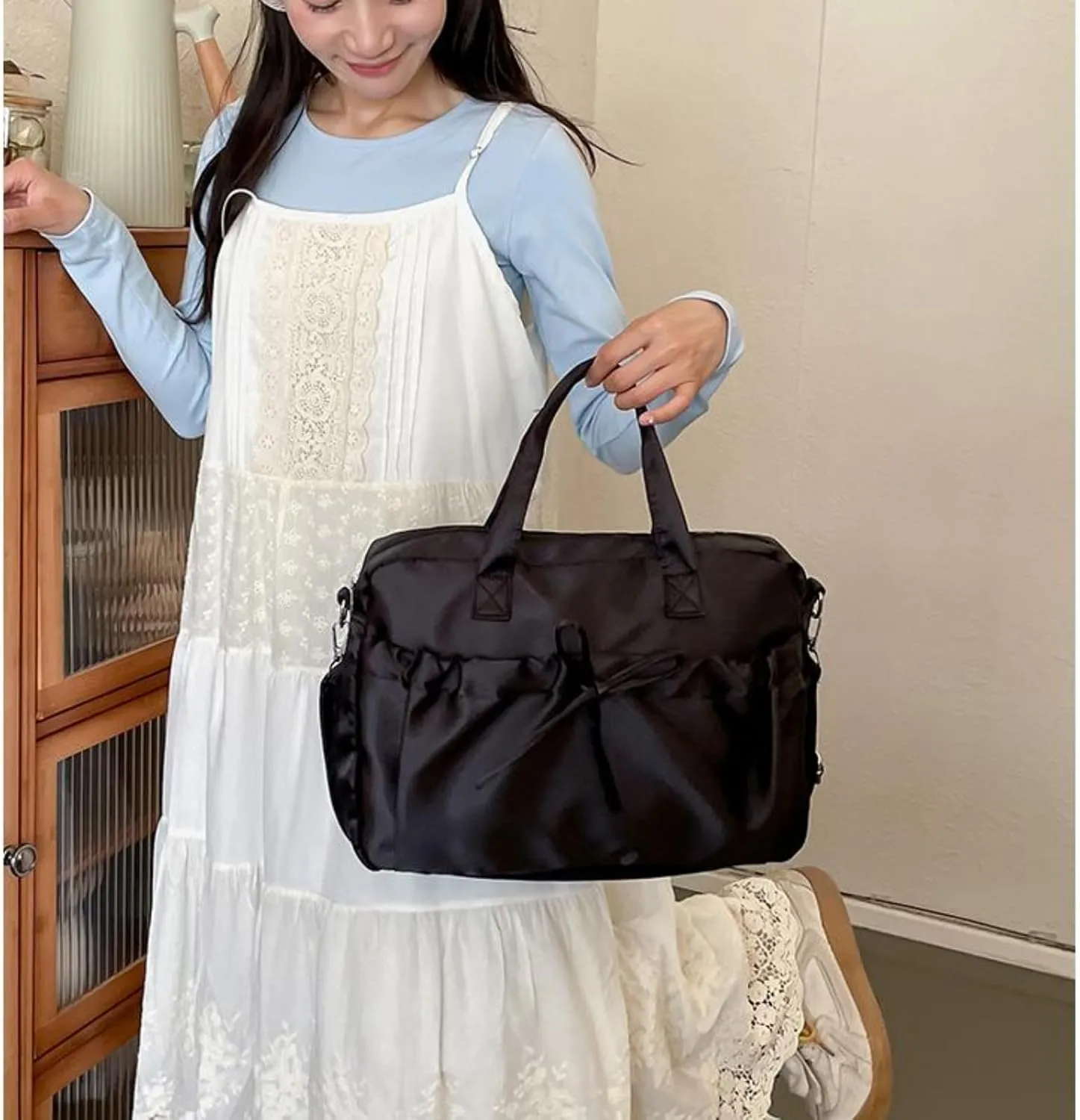 Pokn Cute BowTote Bag Kwaii Shoulder Bags Aesthetic Satin Handmade Purse Y2K Butterfly Shoujo Totebags