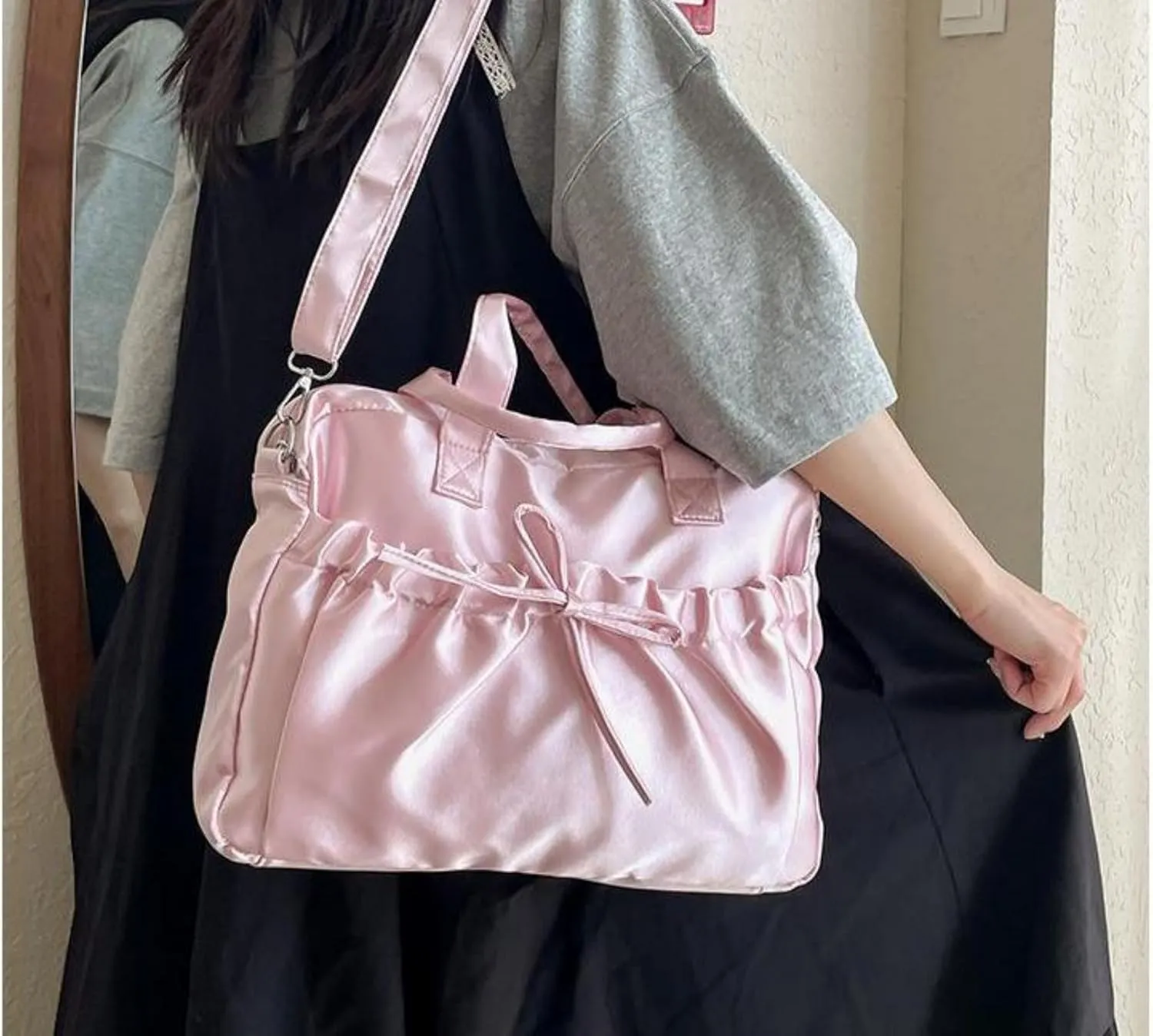 Pokn Cute BowTote Bag Kwaii Shoulder Bags Aesthetic Satin Handmade Purse Y2K Butterfly Shoujo Totebags