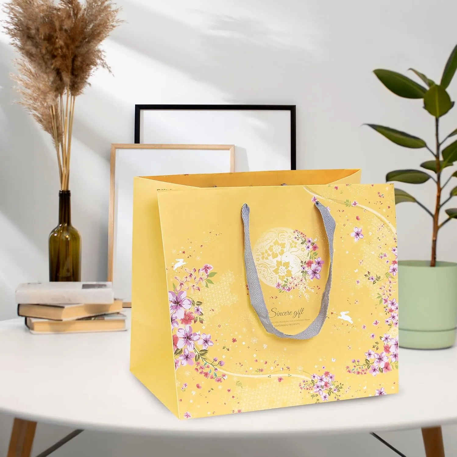 Pomei 25 PCS Gift Paper Bags-Moon Forest, Printed White Kraft Paper with Gray Flat Handles, 10.6"x9.8"x6.1", Paper Bags for Gifting, Retail, and Shopping.