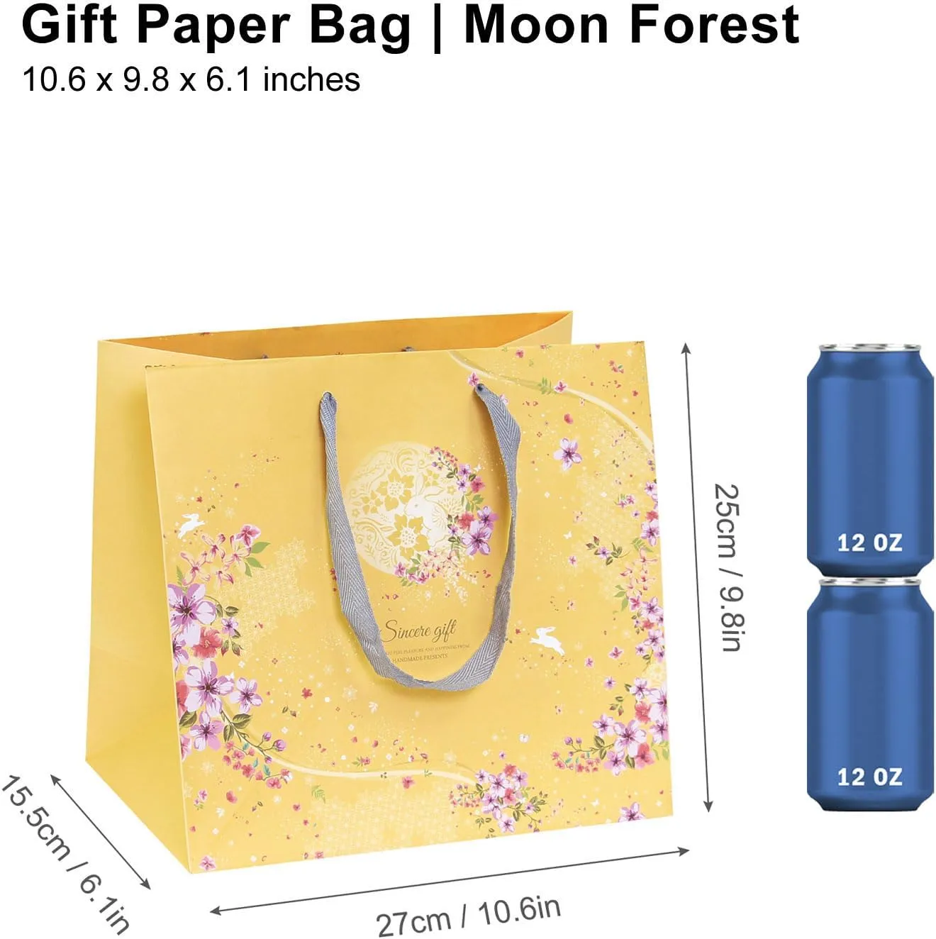 Pomei 25 PCS Gift Paper Bags-Moon Forest, Printed White Kraft Paper with Gray Flat Handles, 10.6"x9.8"x6.1", Paper Bags for Gifting, Retail, and Shopping.