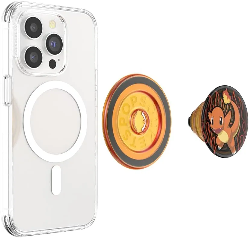 PopSockets Phone Grip Compatible with MagSafe, Adapter Ring for MagSafe Included, Phone Holder, Wireless Charging Compatible, Pokemon - Charmander Flame