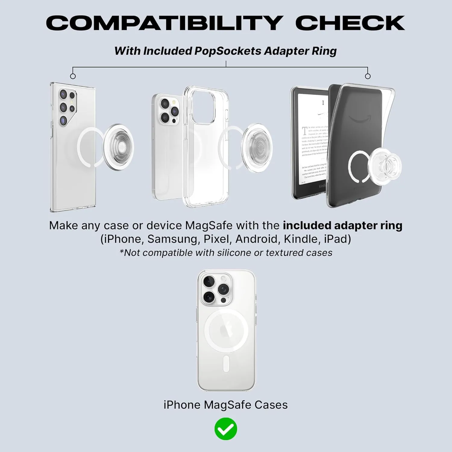 PopSockets Round Phone Grip Compatible with MagSafe, Adapter Ring Included, Phone Holder, Wireless Charging Compatible - Clear Glitter
