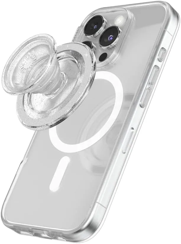 PopSockets Round Phone Grip Compatible with MagSafe, Adapter Ring Included, Phone Holder, Wireless Charging Compatible - Clear Glitter