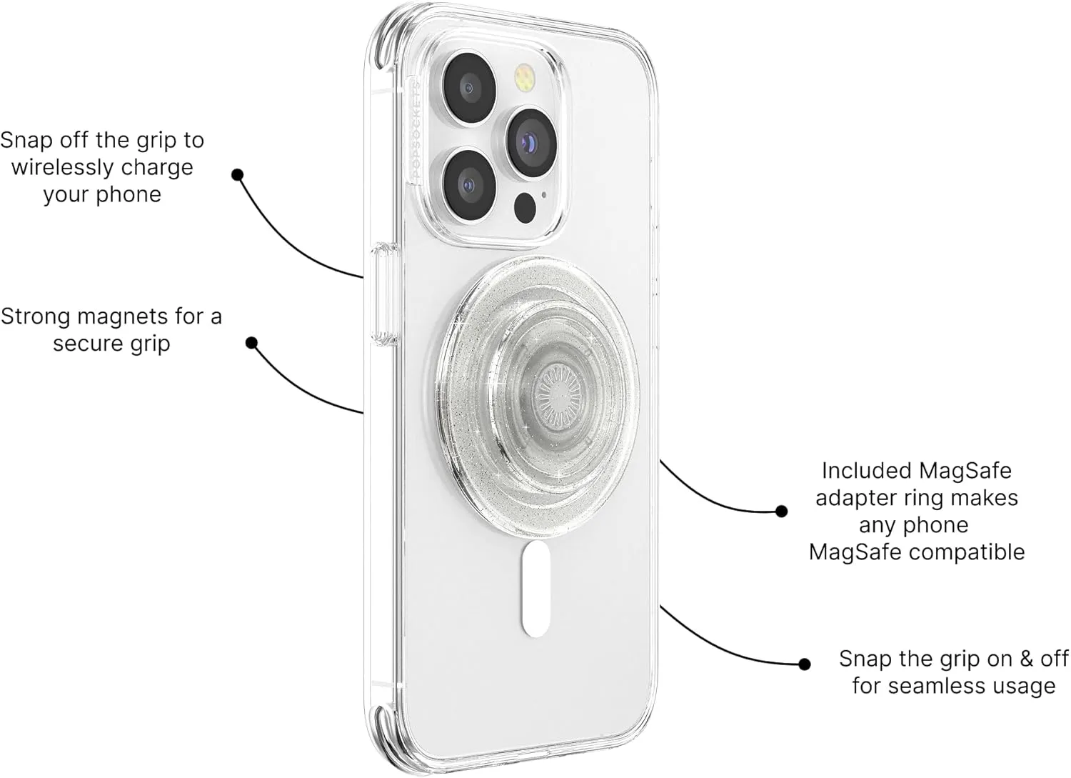 PopSockets Round Phone Grip Compatible with MagSafe, Adapter Ring Included, Phone Holder, Wireless Charging Compatible - Clear Glitter