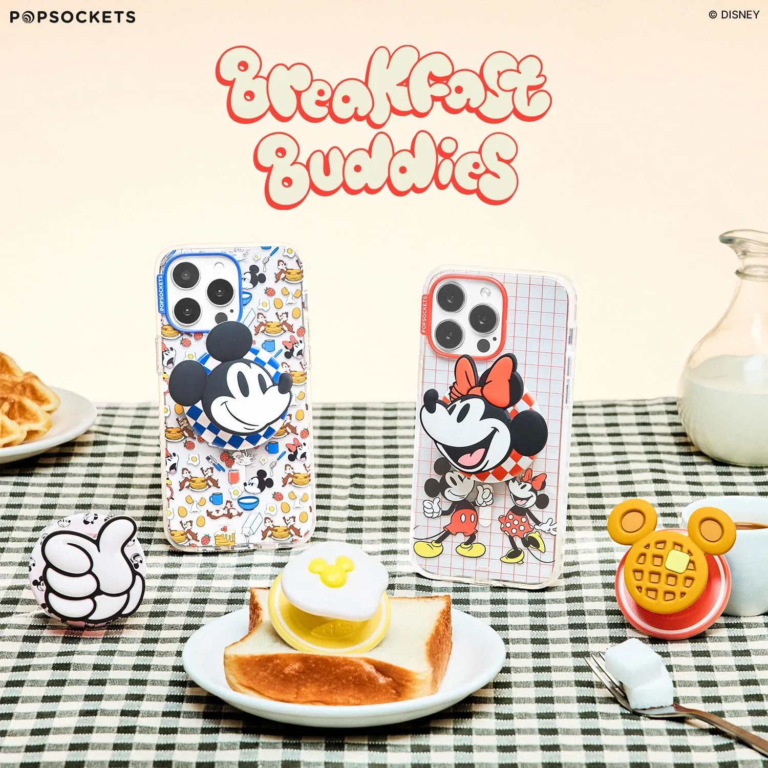 PopSockets Round Phone Grip Compatible with MagSafe, Adapter Ring Included, Phone Holder, Wireless Charging Compatible, Disney Breakfast Buddies - PopOut Mickey Waffle