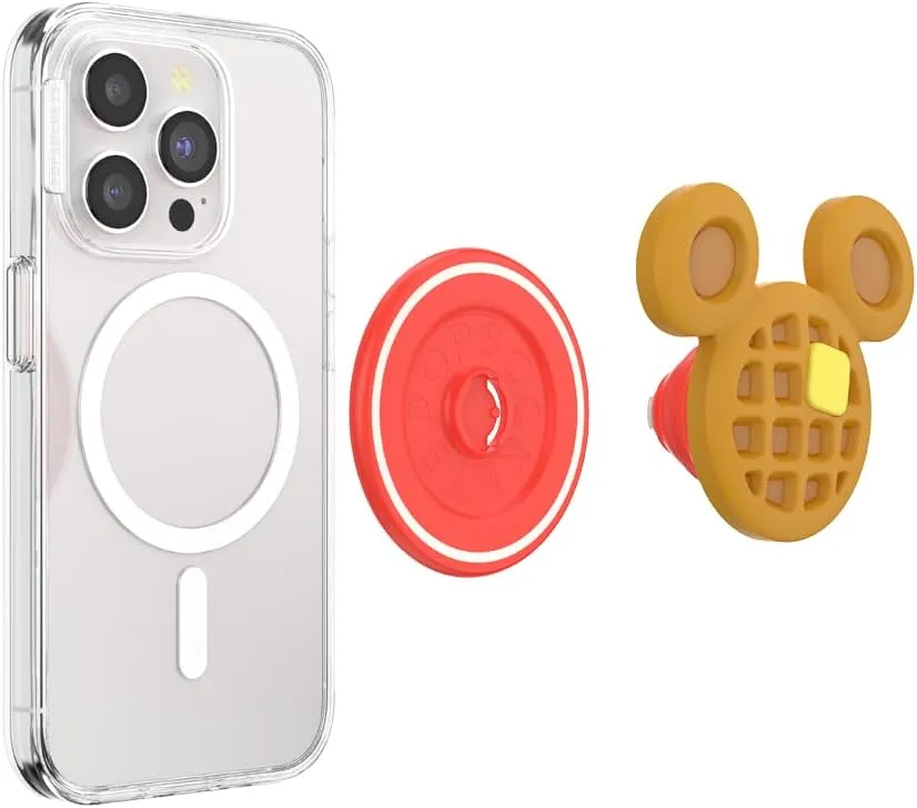PopSockets Round Phone Grip Compatible with MagSafe, Adapter Ring Included, Phone Holder, Wireless Charging Compatible, Disney Breakfast Buddies - PopOut Mickey Waffle