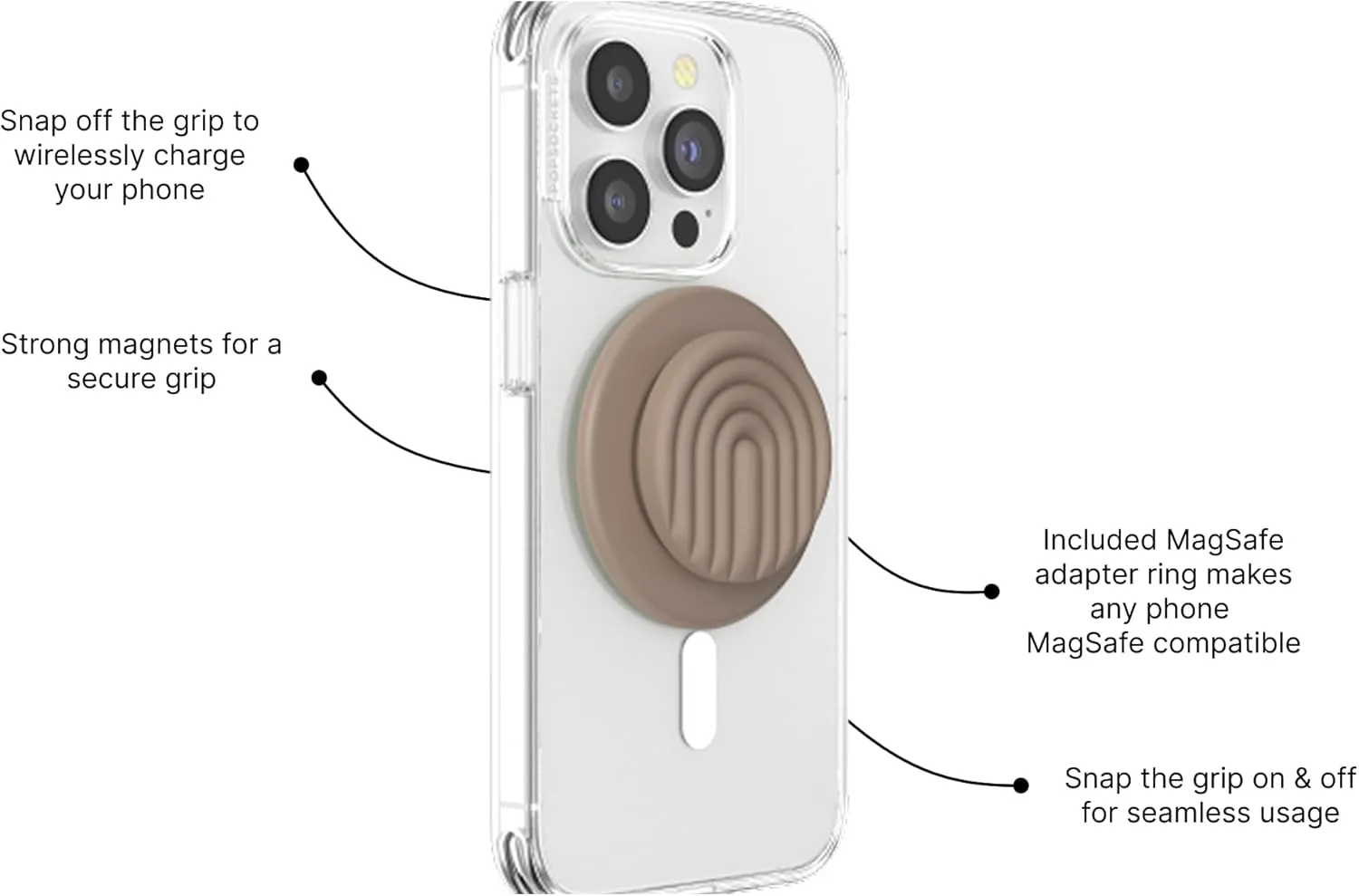 PopSockets Round Phone Grip Compatible with MagSafe, Adapter Ring Included, Phone Holder, Wireless Charging Compatible - Latte