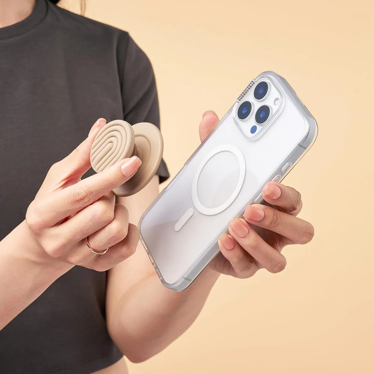 PopSockets Round Phone Grip Compatible with MagSafe, Adapter Ring Included, Phone Holder, Wireless Charging Compatible - Latte
