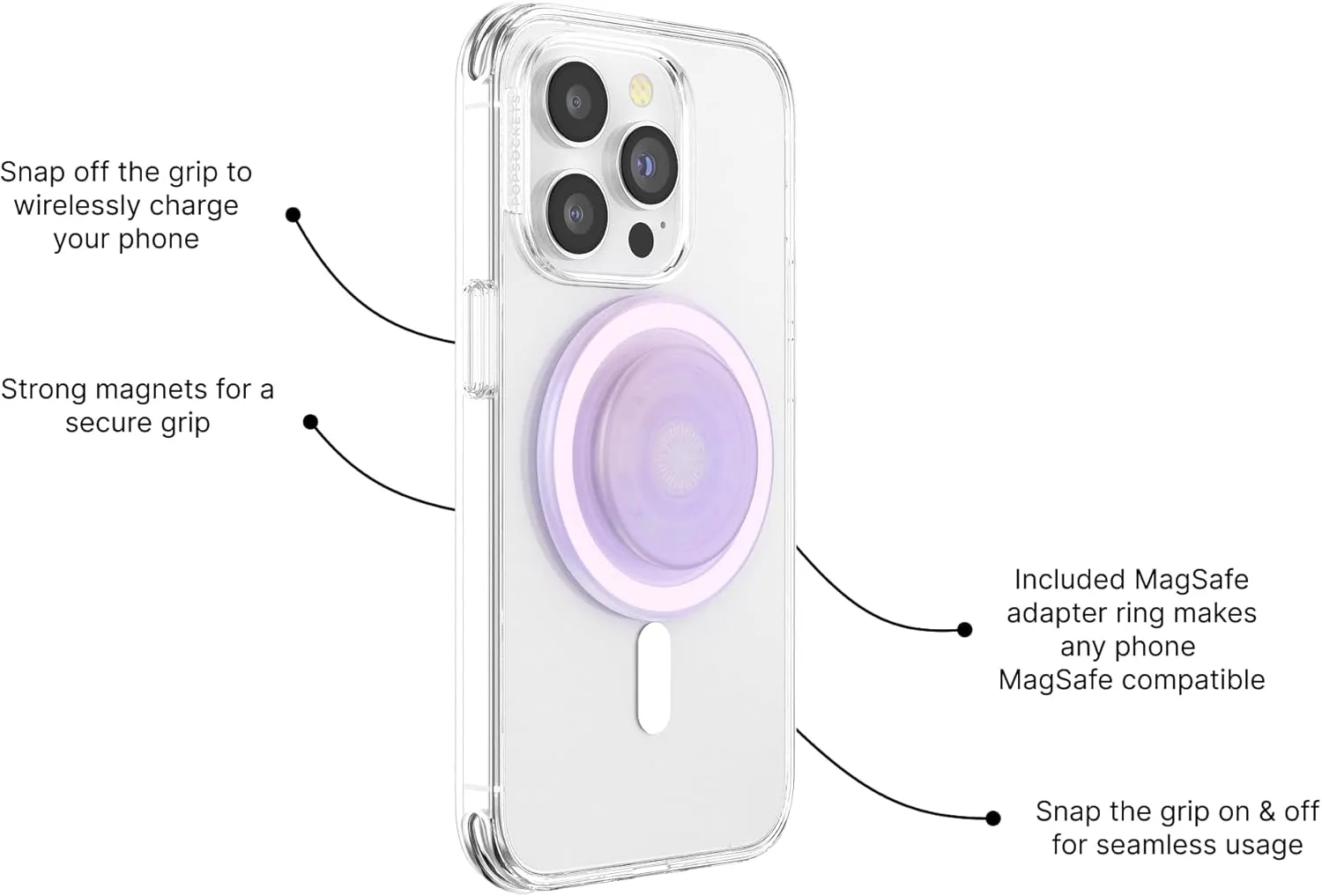 PopSockets Round Phone Grip Compatible with MagSafe, Adapter Ring Included, Phone Holder, Wireless Charging Compatible - Opalescent