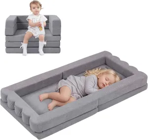 Portable Toddler Travel Bed & Sofa|51''x25'' Foldable Floor Bed for Kids,Collapsible Napmat & Single Couch with Waterproofing Handbag for Indoor,Outdoor,Daycare,Kindergarten and Camping,Gray