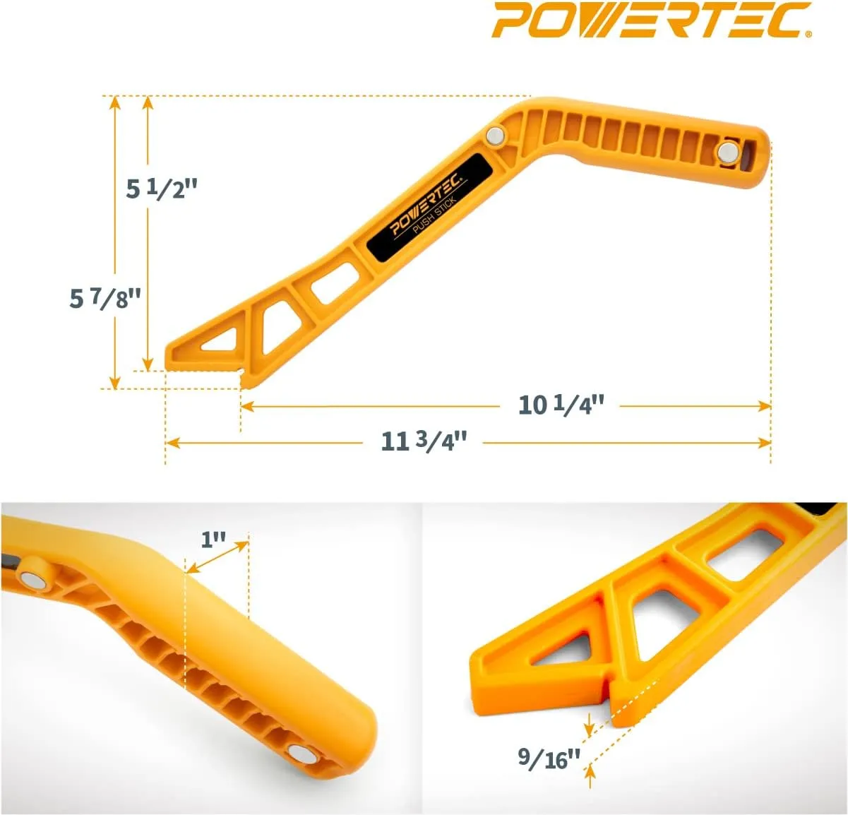 POWERTEC Deluxe Magnetic Push Stick Fits Table Saw, Router Table, Band Saw & Jointer, Dual Ergonomic Handles w/Max Grip, Wood Pusher Reduces Kickback & Increases Safety. 2PK (71337P2)