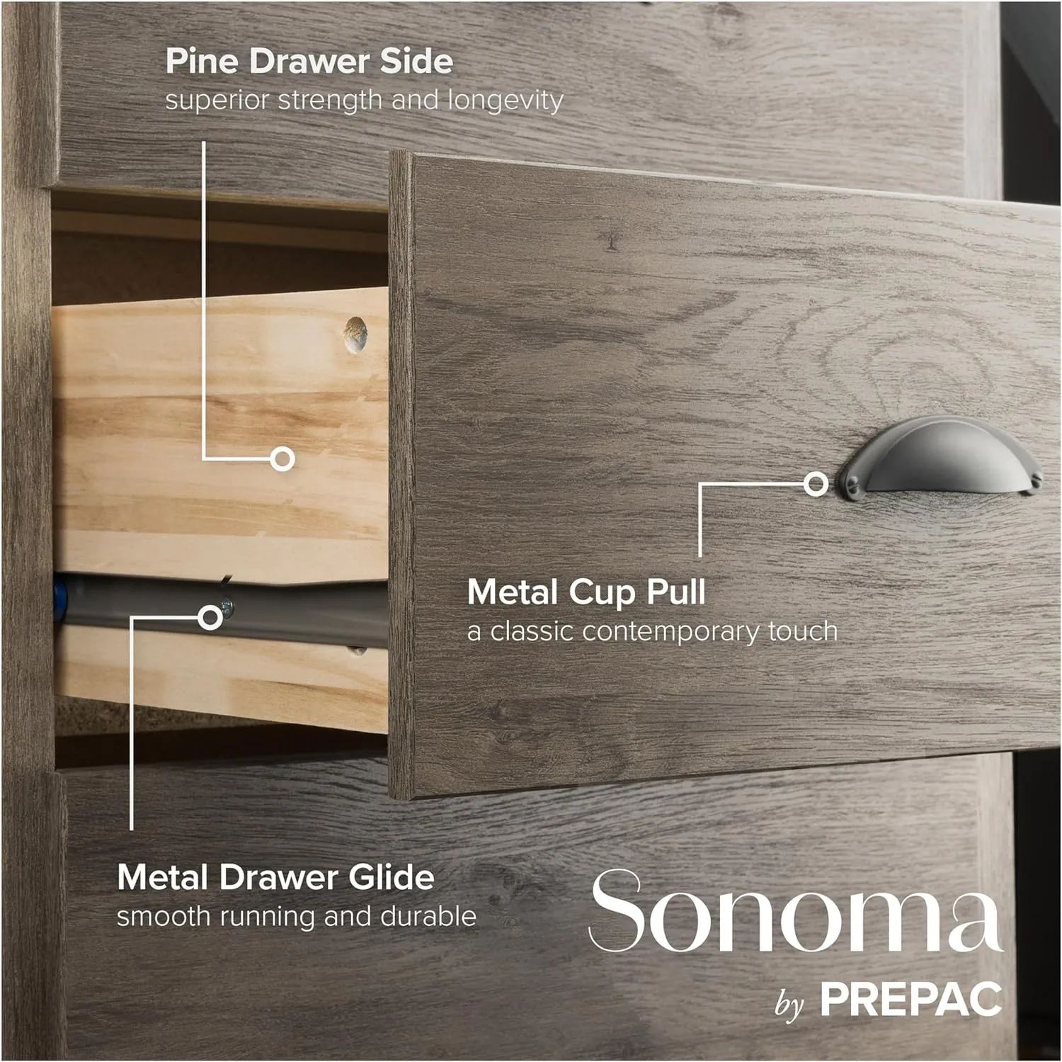 Prepac Sonoma Rustic 6-Drawer Dresser for Bedroom, Farmhouse Chest of Drawers for 17.5" D x 48" W x 29" H, Drifted Gray
